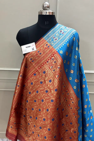 Firozi and Maroon Resham Zari Silky Banarasi Saree