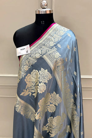 Grey Aatari Buti Katan Silk Banarasi Saree