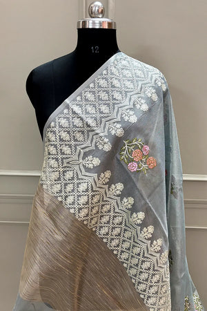 Grey Embroidery Tissue Silk Banarasi Saree