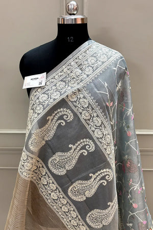 Grey Embroidery Tissue Silk Banarasi Saree
