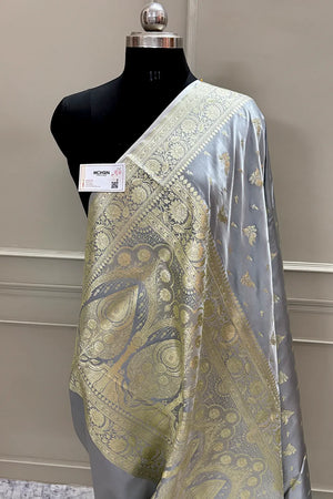 Grey Golden Zari Katan Silk Banarasi Saree