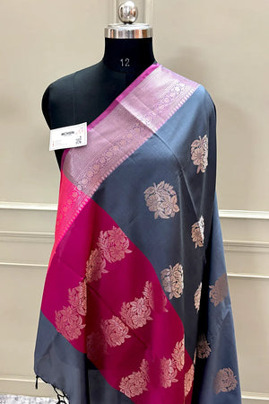 Grey and Pink Golden Zari Banarasi Silk Saree