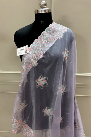 Lavender Embroidery Siroski Brasso Net Saree