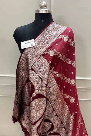 Maroon Golden Zari Dola Silk Banarasi Saree