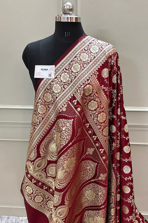 Maroon Pankhuri Jaal Katan Silk Banarasi Saree