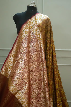 Maroon and Rust Jungli Jaal Katan Silk Banarasi Saree