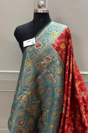 Maroon and Teal Golden Zari Silky Banarasi Saree