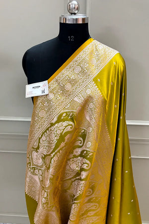 Mehendi Golden Zari Katan Silk Banarasi Saree