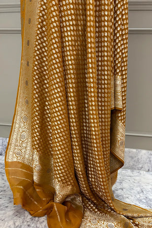 Mustard Jaalnuma Siroski Stone Pure Georgette Silk Banarasi Suit