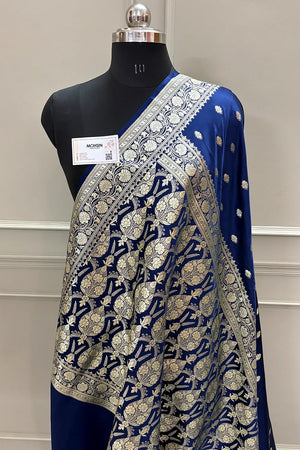 Navy Blue Flying Buti Katan Silk Banarasi Saree