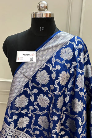 Navy Blue Golden Zari Katan Silk Banarasi Dupatta