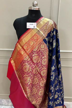 Navy Blue and Red Morpankhi Jaal Satin Silk Banarasi Saree