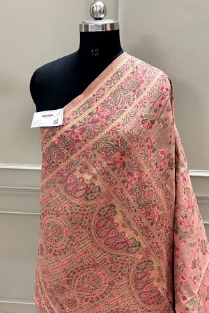 Peach Printed Linen Silk Banarasi Saree