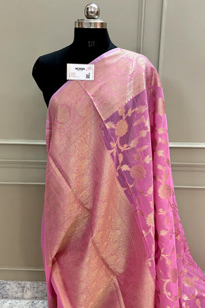 Pink Lotus Jaal Chanderi Silk Banarasi Saree