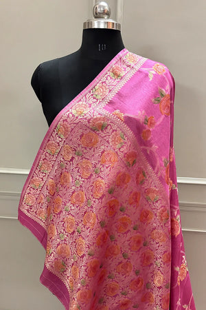 Pink Rosy Jaal Georgette Silk Banarasi Saree