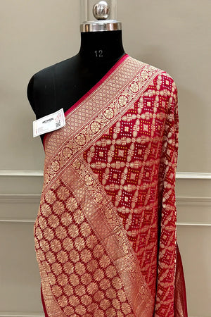 Pinkish Red Bandhej Georgette Silk Banarasi Saree