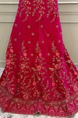 Rani Pink and Blue Zariwork Semi Stitched Velvet Lahenga