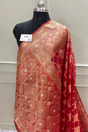 Red Golden Zari Organza Silk Banarasi Saree