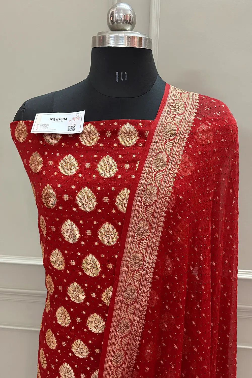 Red Golden Zari Siroski Stone Pure Georgette Silk Banarasi Suit