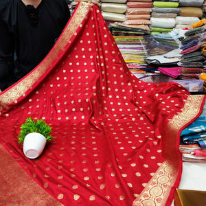 Red Handloom Pure Katan Silk Banarasi Dupatta