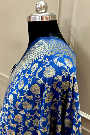 Royal Blue Golden Zari Katan Silk Banarasi Dupatta