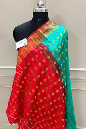 Sea Green and Red Golden Zari Silky Banarasi Saree