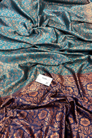 Teal and Navy Blue Antique Zari Silky Banarasi Saree