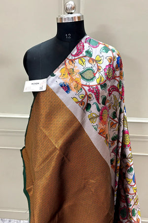 White and Bottle Green Printed Silk Saree