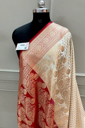 White and Red Golden Zari Katan Silk Banarasi Saree