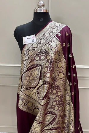 Wine Chaman Buti Katan Silk Banarasi Saree