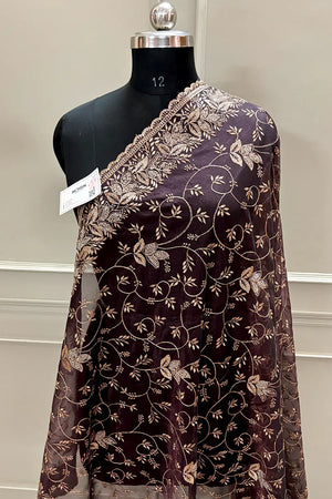 Wine Embordiery Siroski Work Silk Saree