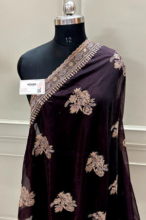 Wine Embordiery Siroski Work Silk Saree