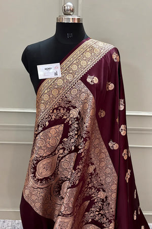 Wine Golden Flower Katan Silk Banarasi Saree