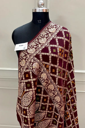 Wine Golden Zari Georgette Silk Banarasi Saree