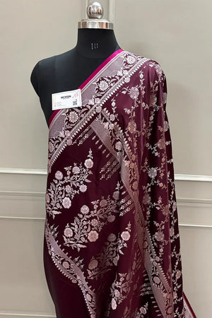 Wine Jhanjaal Katan Silk Banarasi Saree