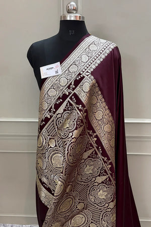 Wine Plain Golden Zari Katan Silk Banarasi Saree