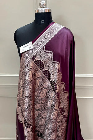 Wine Plain Zari Border Katan Silk Banarasi Saree