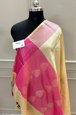 Yellow and Pink Golden Zari Banarasi Silk Saree