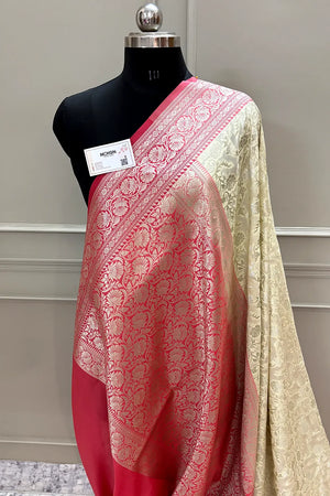 White and Peach Gulabi Jaal Katan Silk Banarasi Saree