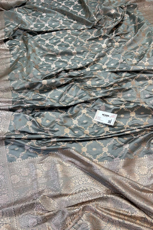 Grey Qaidi Buti Katan Silk Banarasi Saree