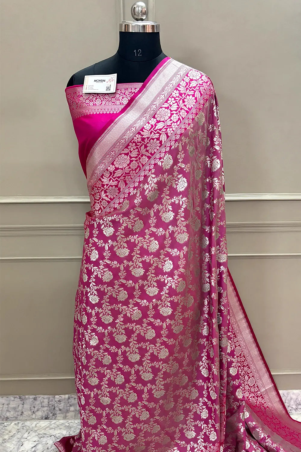 Pink and Rani Maharani Jaal Crepe Silk Banarasi Saree