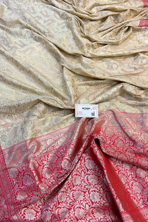 White and Peach Gulabi Jaal Katan Silk Banarasi Saree