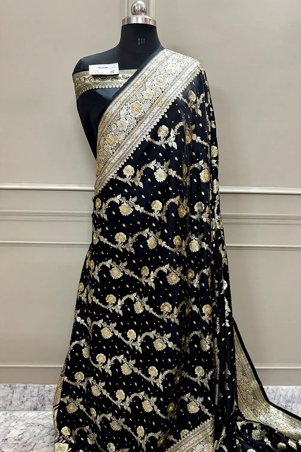 Black Tirchi Daal Stone Work Katan Silk Banarasi Saree