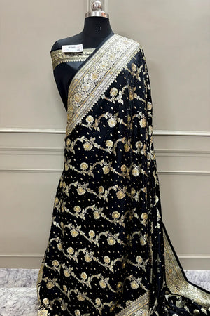 Black Tirchi Daal Stone Work Katan Silk Banarasi Saree