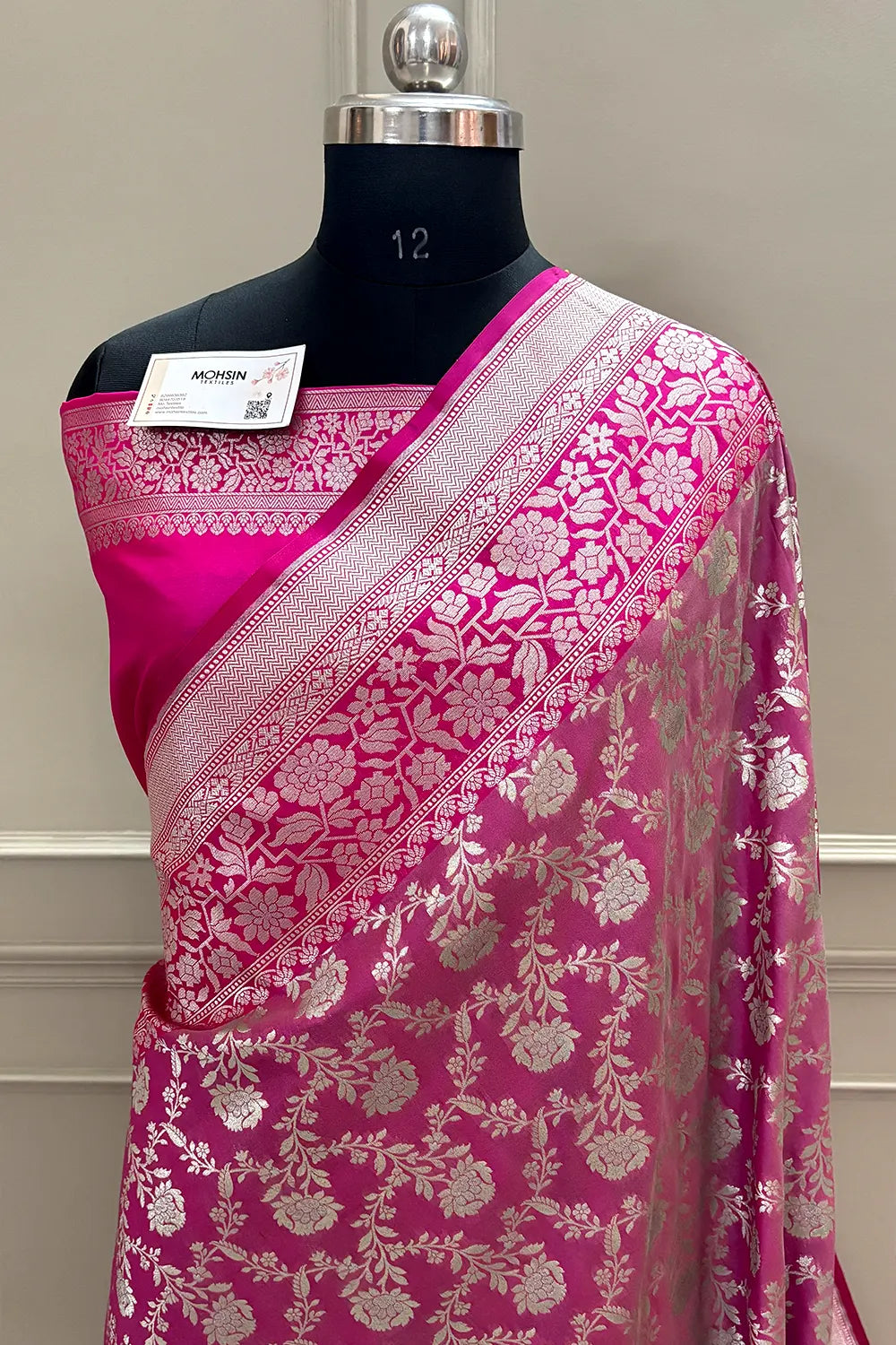 Pink and Rani Maharani Jaal Crepe Silk Banarasi Saree