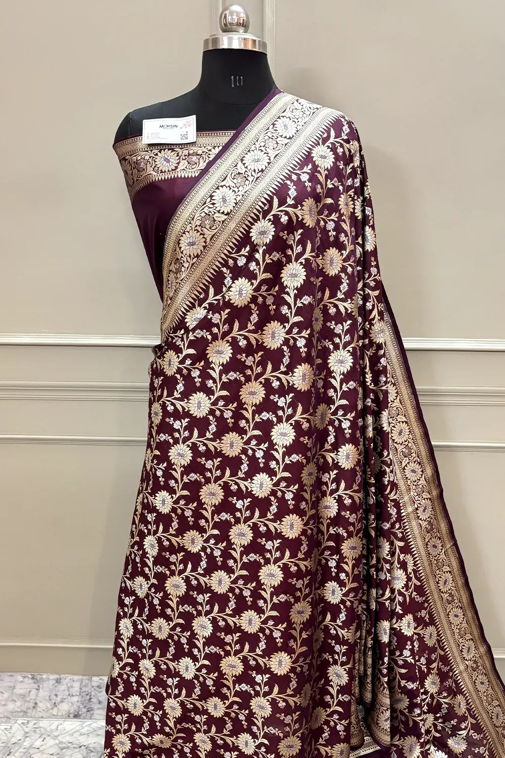 Wine Ganga Jamuna Crepe Silk Banarasi Saree