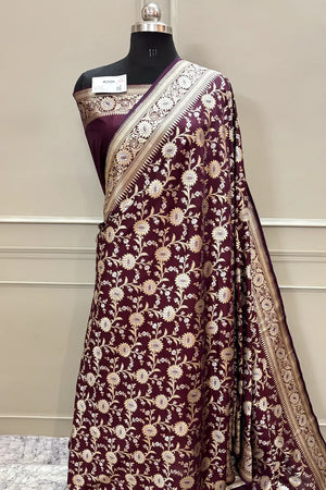 Wine Ganga Jamuna Crepe Silk Banarasi Saree