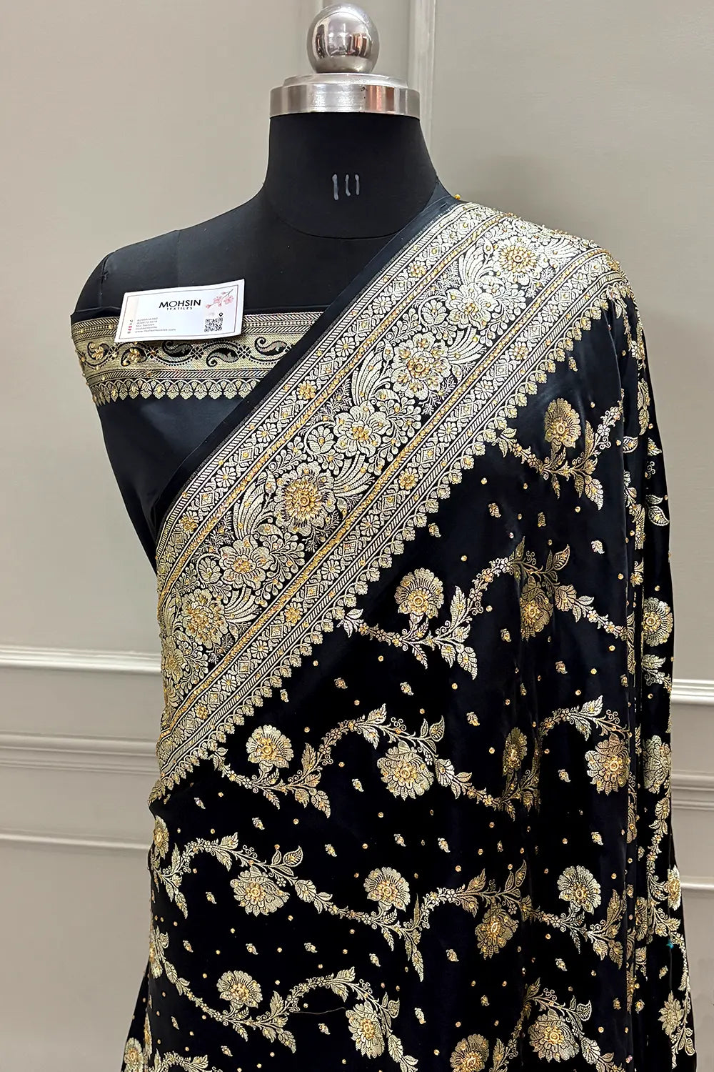 Black Tirchi Daal Stone Work Katan Silk Banarasi Saree