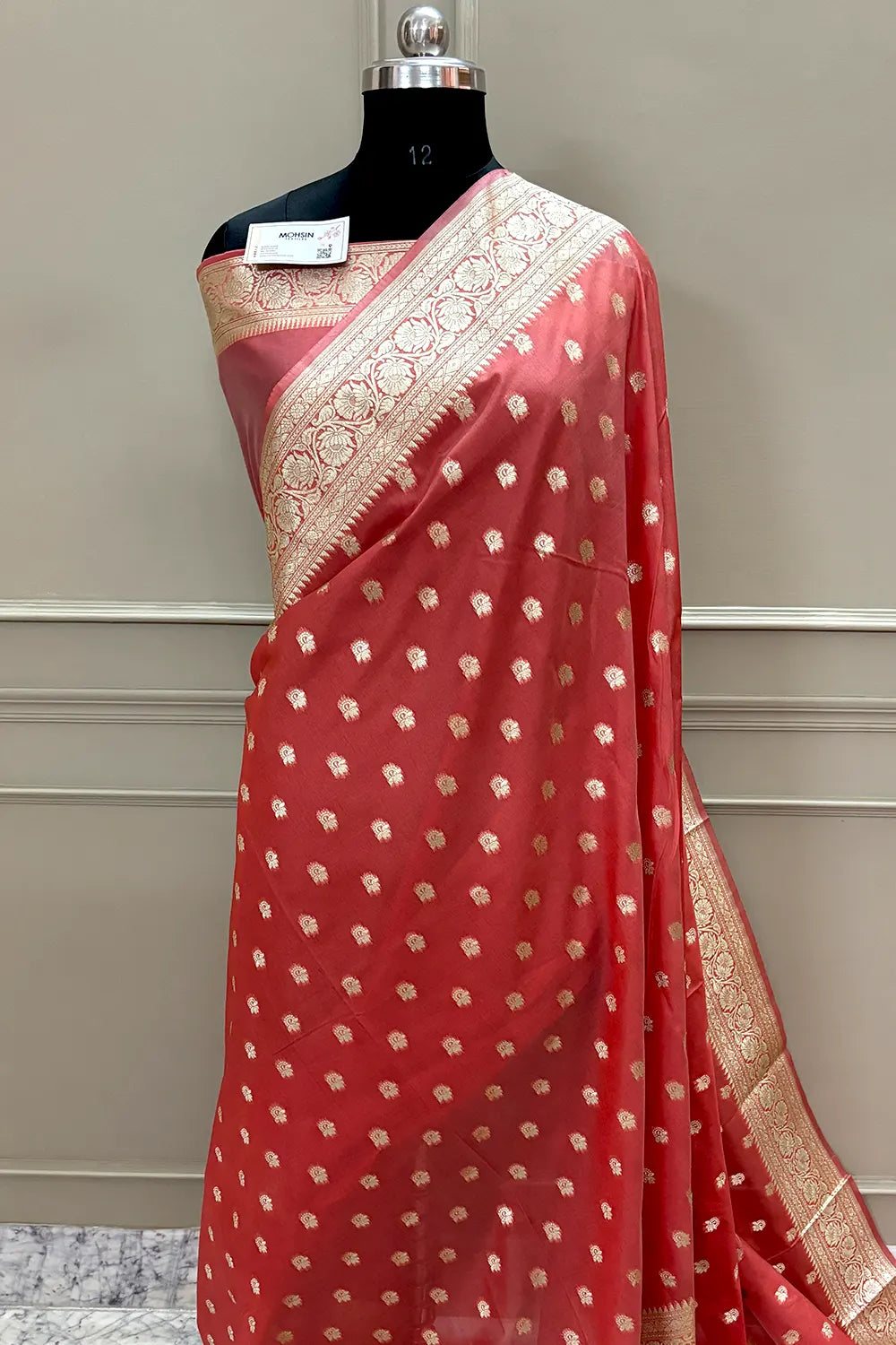 Peach Ghonga Buti Katan Silk Banarasi Saree