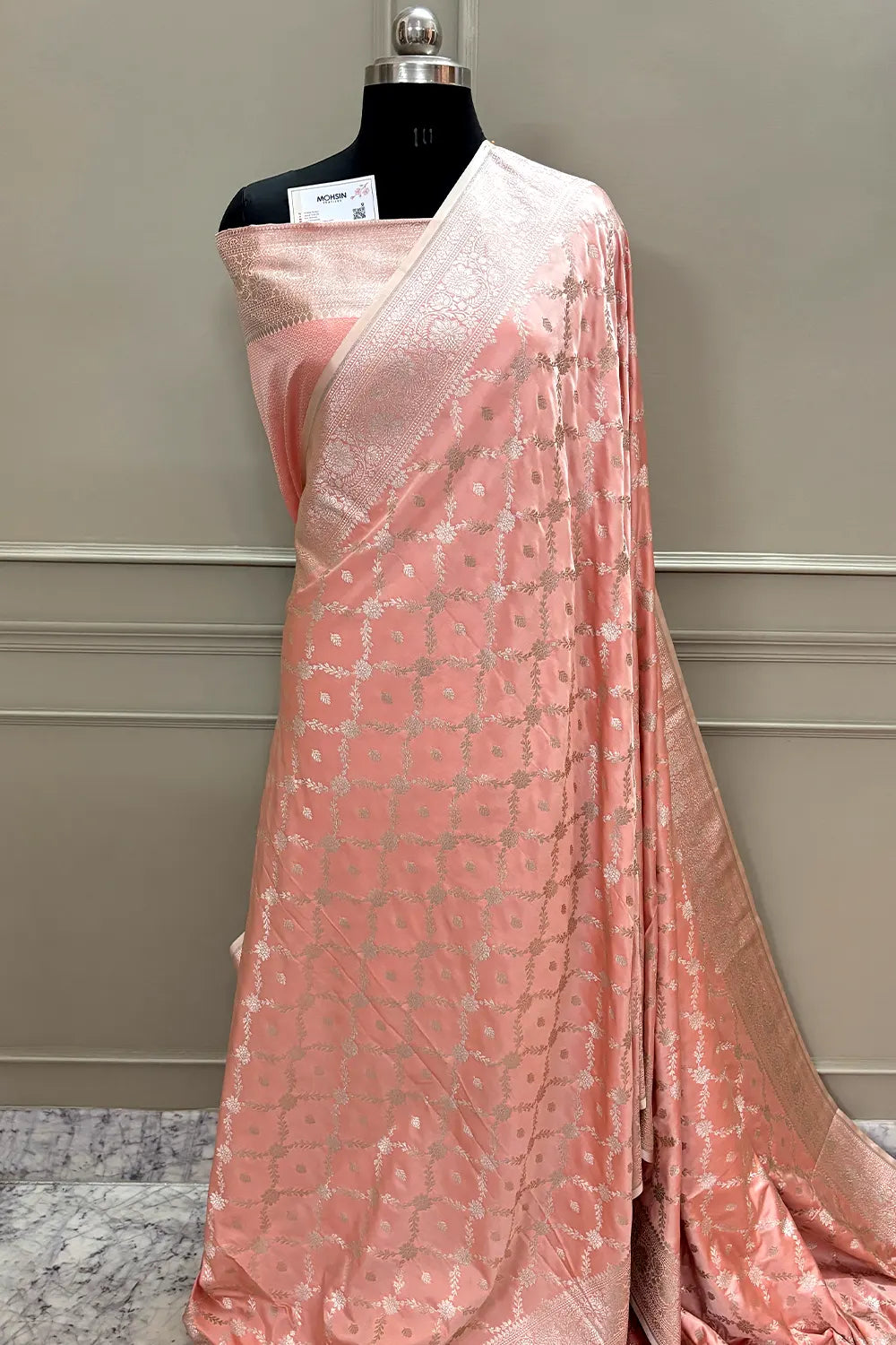 Peach Qaidi Buti Katan Silk Banarasi Saree